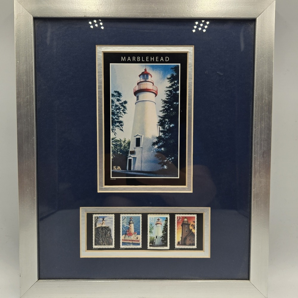 Vtg‎ Framed Lighthouse Art Picture USPS Stamps Coastal Ocean Marblehead 32c